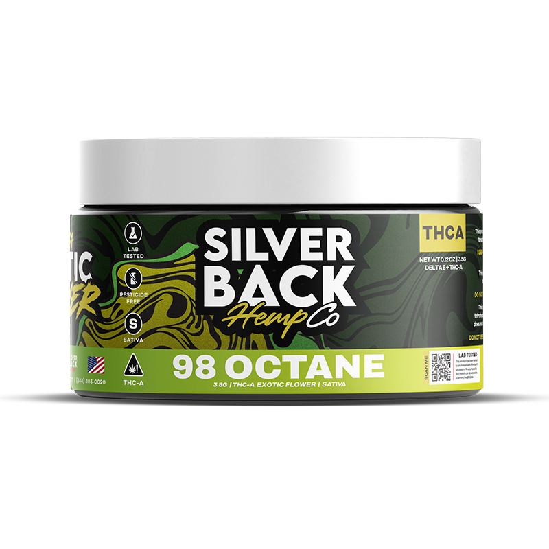 98 Octane (Sativa): "Silverback Hemp Co 98 Octane – Sativa THCA flower with a bold, fuel-like aroma and uplifting effects. Perfect for a creative and energetic boost.