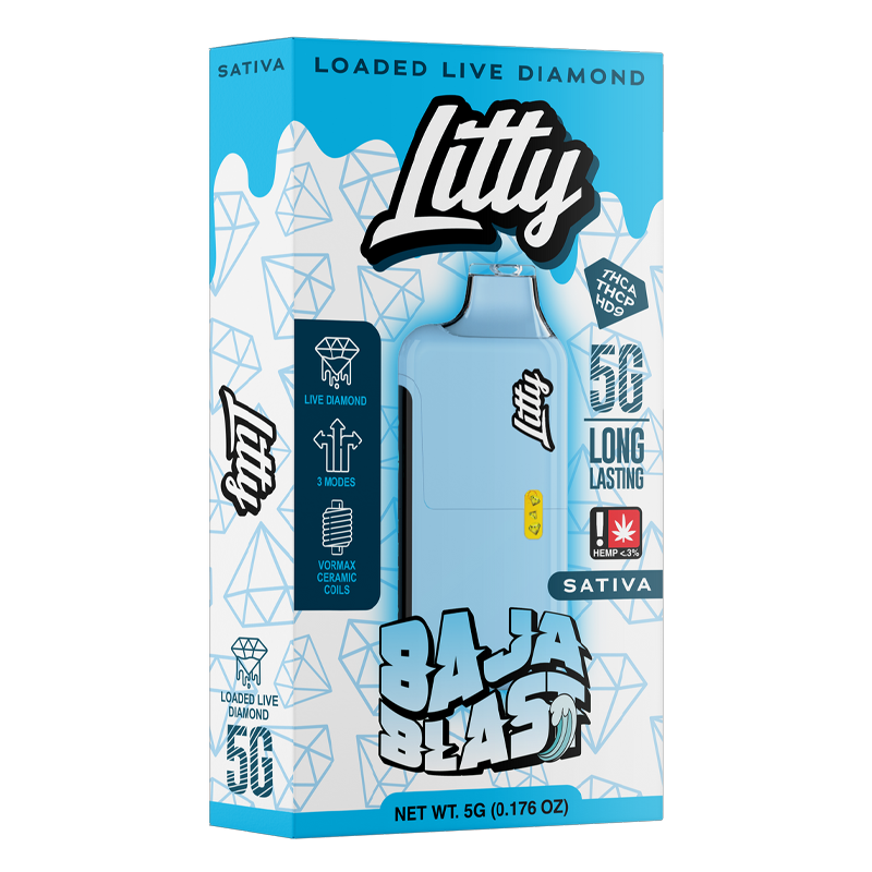 Baja Blast (Sativa): "Litty Loaded Live Diamond Disposable 5g – Baja Blast, a sativa strain with tropical citrus notes for an energizing, uplifting experience
