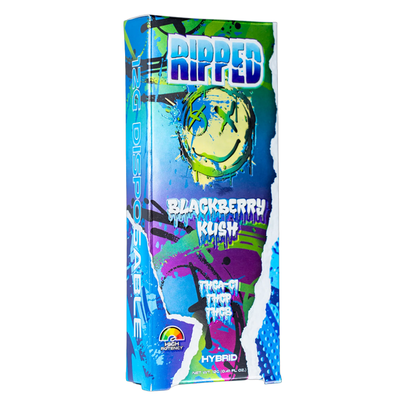 Blackberry Kush: Ocho Extracts RIPPED Disposable 12G, Blackberry Kush strain, offering deep relaxation with a potent blend of THCA-C1, THC-P, and THC-8 cannabinoids.