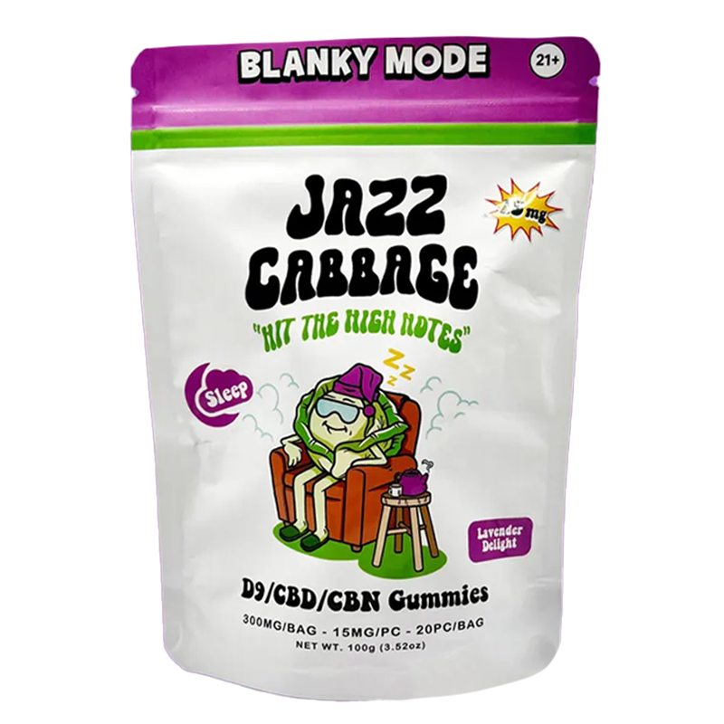 Blanky Mode (Lavender Delight): "Jazz Cabbage Blanky Mode Gummies – Lavender Delight flavor with Delta-9 THC, CBD & CBN for deep relaxation and restful sleep. 15mg per gummy, 300mg per bag.