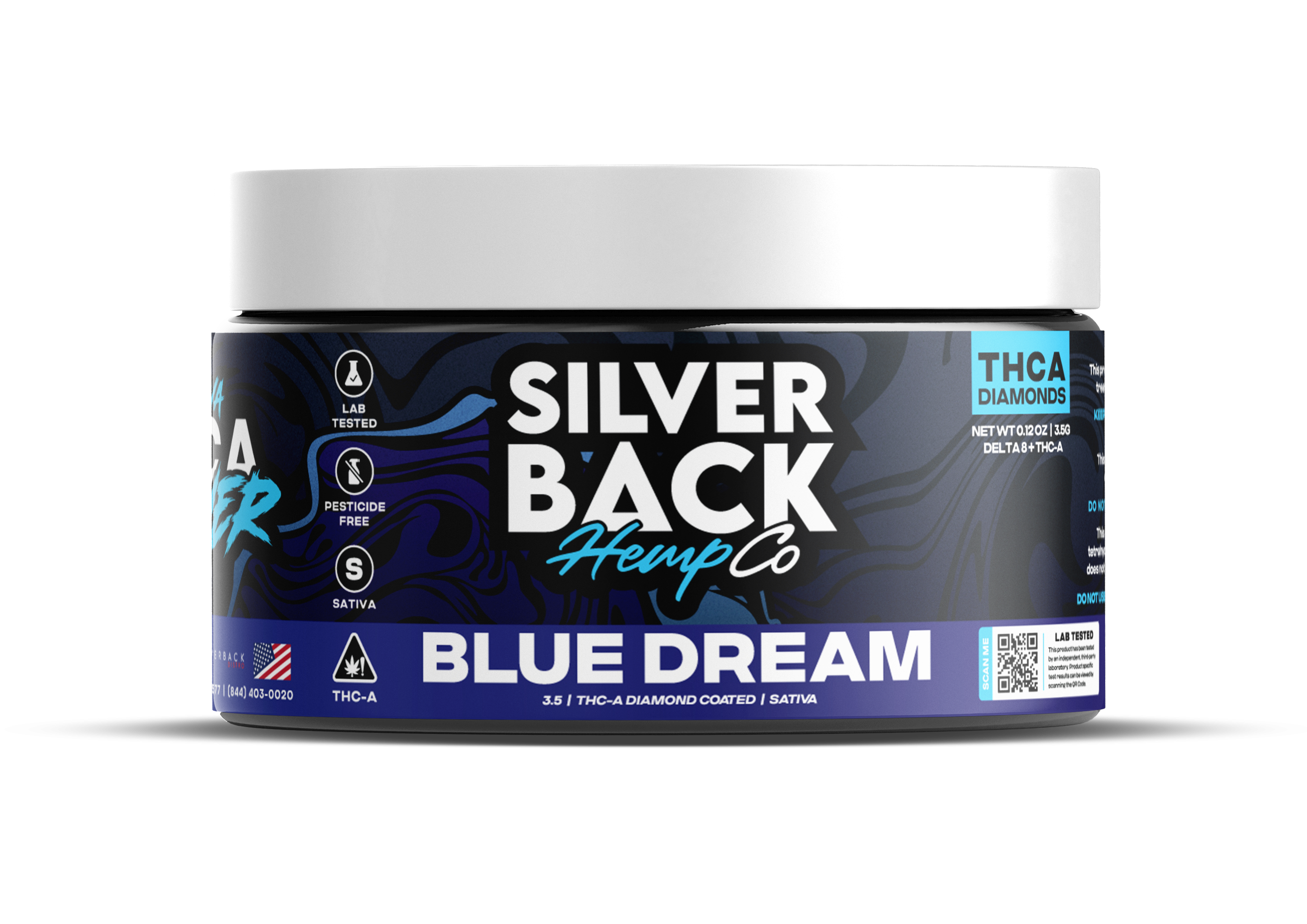 Blue Dream (Sativa): A close-up of Silverback Hemp Co. THC-A Diamond Coated Flower in Blue Dream, highlighting dense, trichome-packed buds with a sweet, uplifting scent.