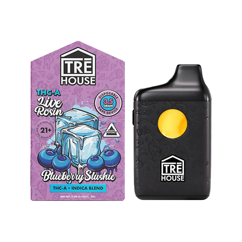 Indica Blue Berry Slushie: "Tre House Live Rosin Liquid Diamonds Disposable – Indica Blue Berry Slushie for a relaxing, smooth vape with rich berry flavor and potent cannabinoids."