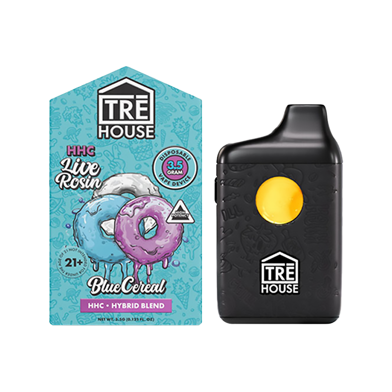 Hybrid Blue Cereal: "Tre House Live Rosin Liquid Diamonds Disposable – Hybrid Blue Cereal offering a balanced, smooth vaping experience with Delta-8 and THC-P."