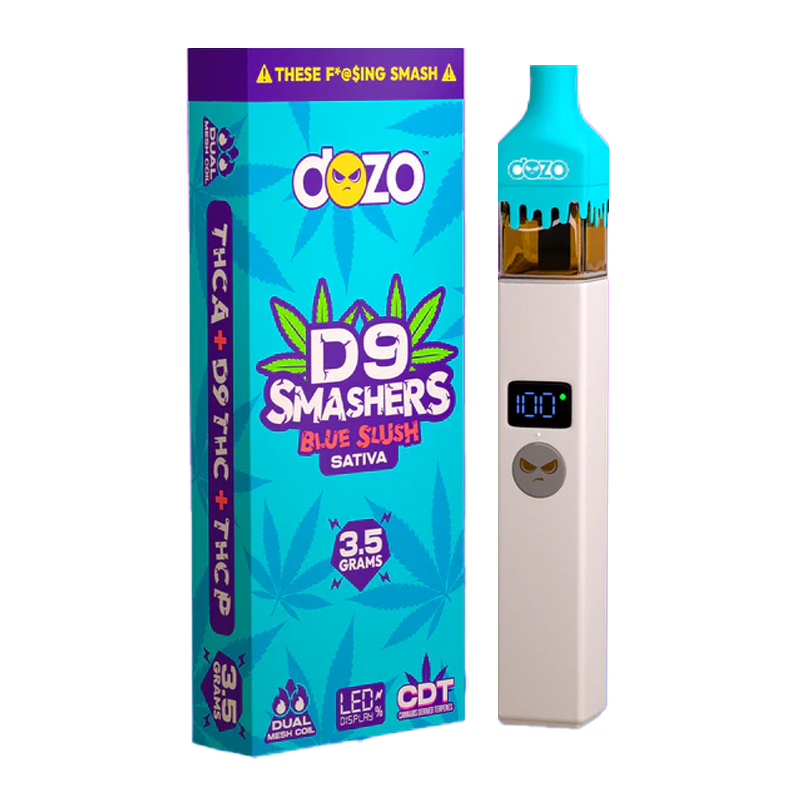 Blue Slush (Sativa): "Dozo D9 Smashers Disposable – Blue Slush, a sativa strain offering a refreshing, energetic vape with vibrant berry flavor."