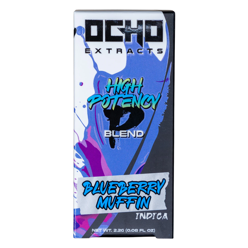 Blueberry Muffin Ocho Extracts High Potency Disposable – Indica – A relaxing Indica vape with sweet blueberry flavors & a smooth Delta-8 + THC-P blend.