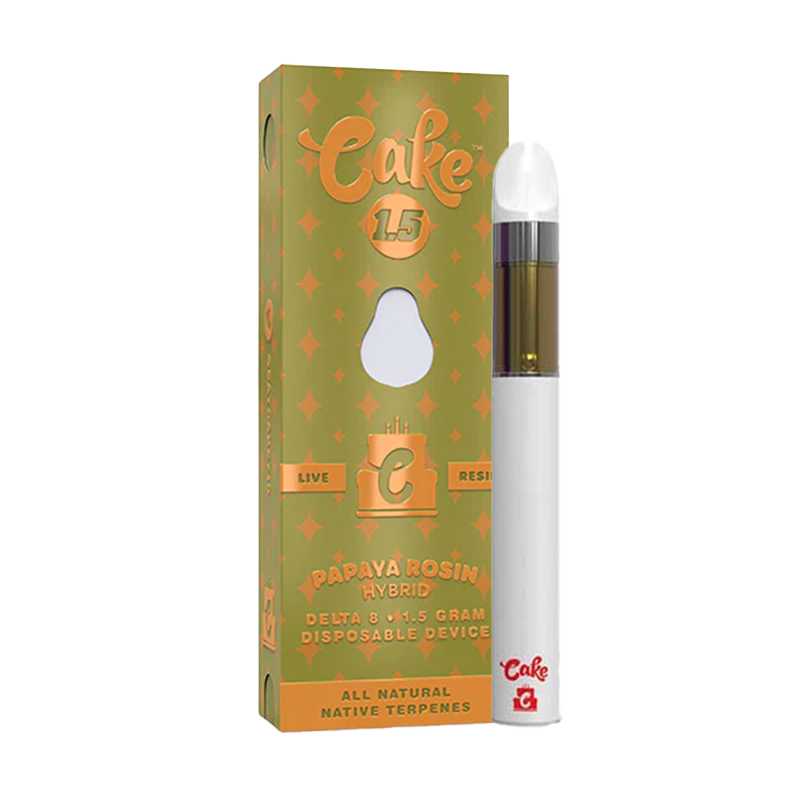 Papaya Rosin Cake Delta 8 Live Resin Disposable – Hybrid vape featuring tropical papaya flavors with potent Delta 8 and THC-P infusion.
