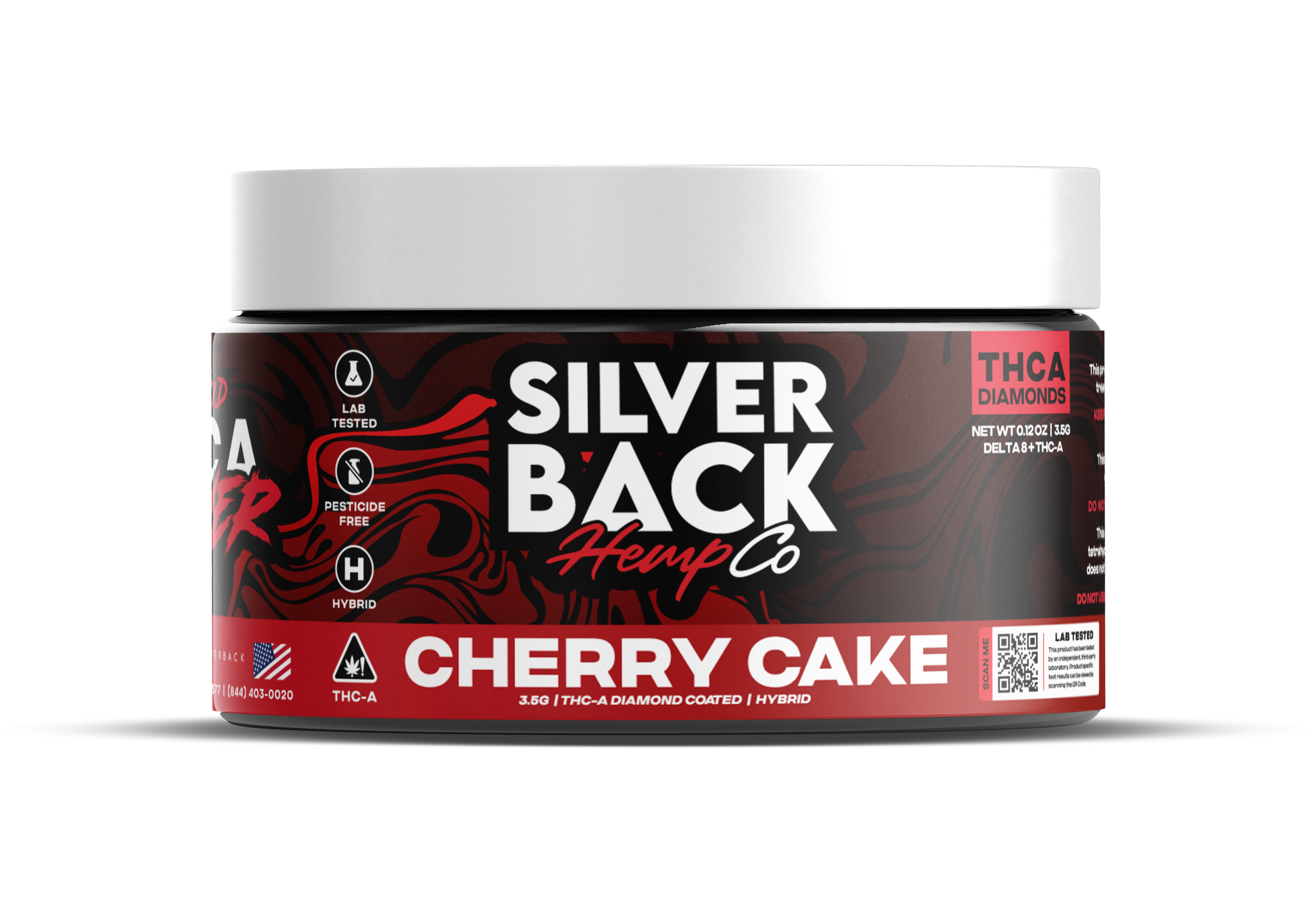 Cherry Cake (Hybrid): A close-up of Silverback Hemp Co. THC-A Diamond Coated Flower in Cherry Cake, displaying dense, frosty buds with sweet, smooth cherry undertones.