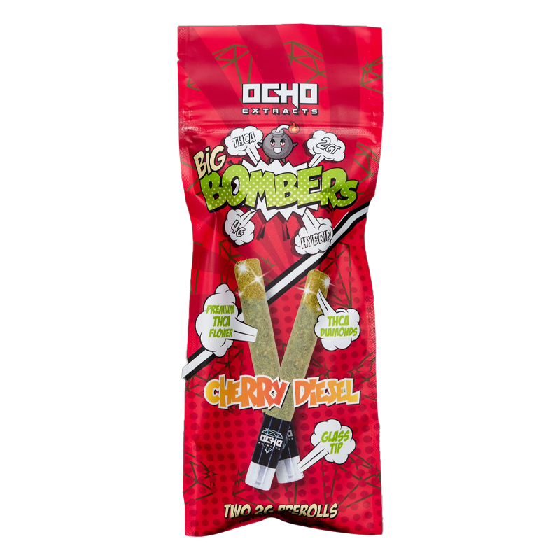 Cherry Diesel Ocho Extracts 2x2 Big Bombers – Hybrid – A bold Hybrid strain featuring rich cherry and diesel flavors with THCA & CBG kief infusion.