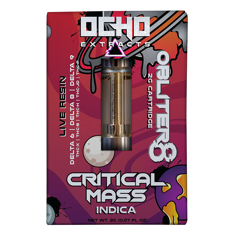Critical Mass (Indica): Ocho Extracts Obliter8 Cartridge, Critical Mass Indica strain, delivering a soothing and relaxing vaping experience with Delta-6, Delta-8, THC-P, and THC-X.