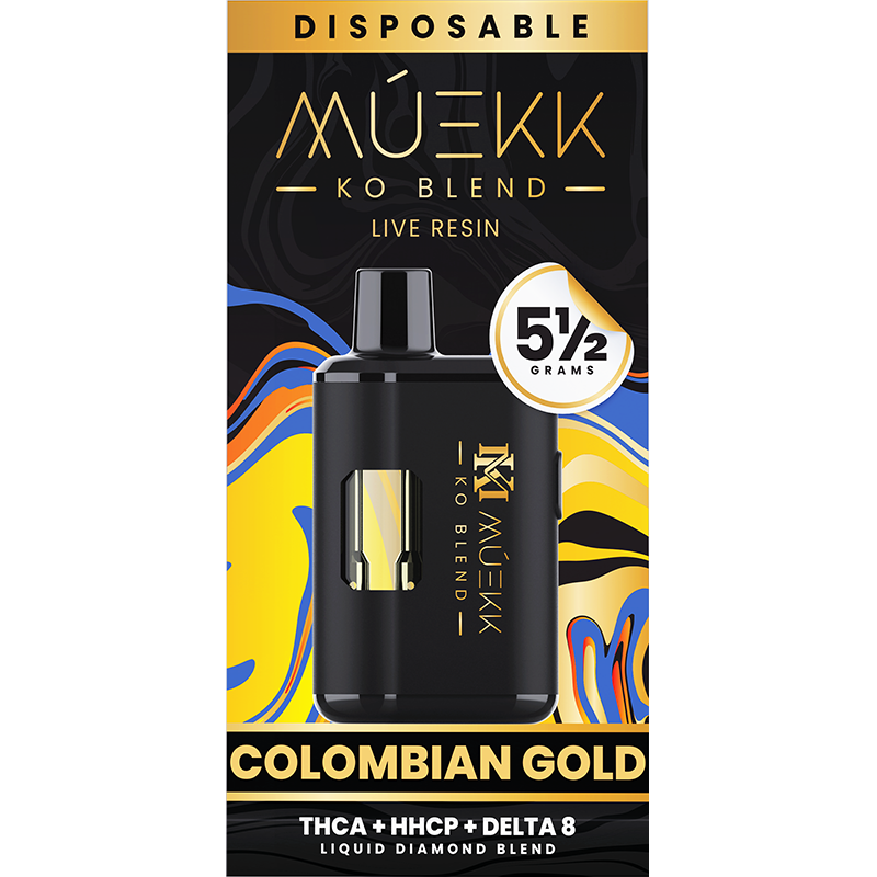 Colombian Gold (Sativa): A MUEKK KO Blend vape in Colombian Gold, featuring energizing, flavorful hits with a potent sativa kick for uplifting vibes.