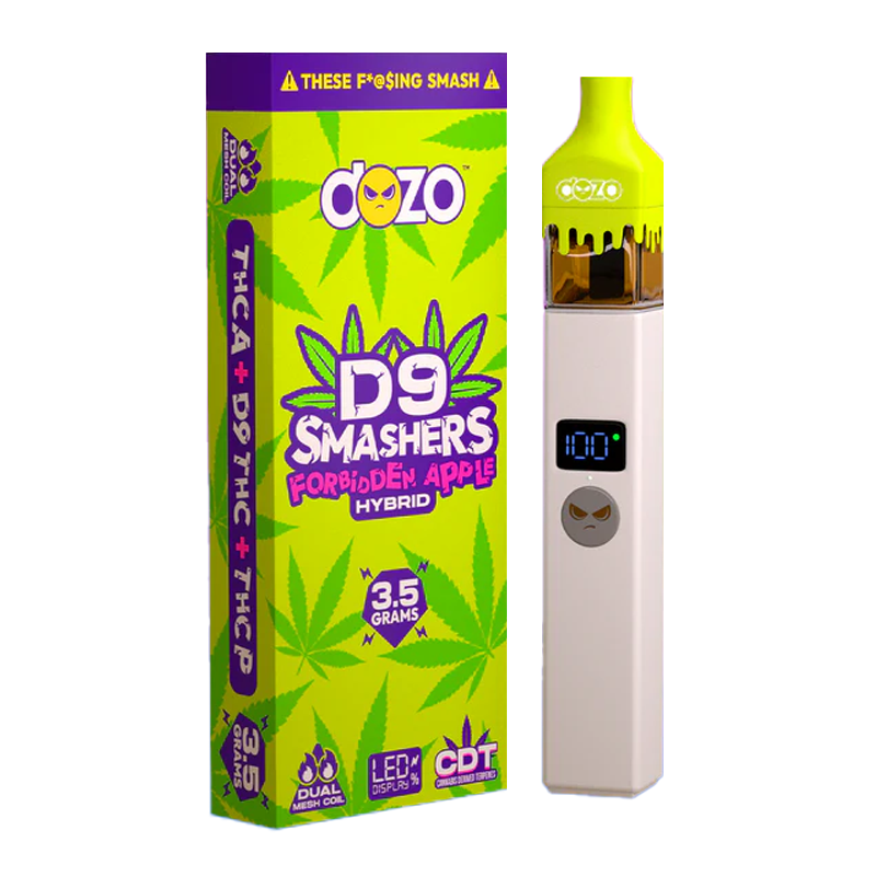 Forbidden Apple (Hybrid): "Dozo D9 Smashers Disposable – Forbidden Apple, a hybrid strain blending relaxing and uplifting effects with a crisp apple taste."