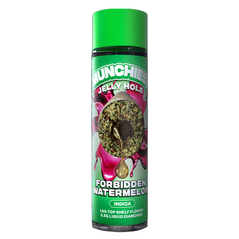 Forbidden Watermelon Delta Munchies Jelly Hole – Indica – A juicy watermelon-flavored Indica pre-roll packed with 1.5G THCA flower & 0.5G liquid diamonds.