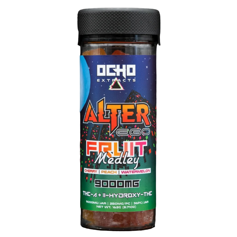 Fruit Medley: Ocho Extracts Alter Ego Gummies, Fruit Medley flavor, offering a delicious mix of sweet, tangy fruits infused with THC-A and 11-Hydroxy-THC for a potent experience.