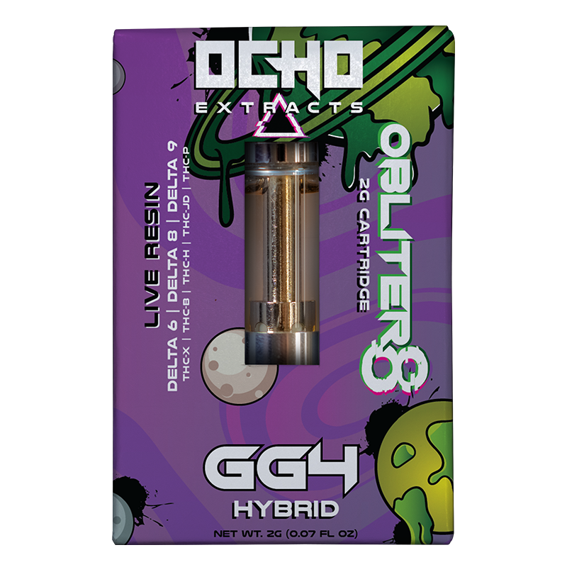 GG4 (Hybrid): Ocho Extracts Obliter8 Cartridge, GG4 Hybrid strain, combining uplifting and relaxing effects with Delta-6, Delta-8, THC-P, and THC-X for a balanced vape.