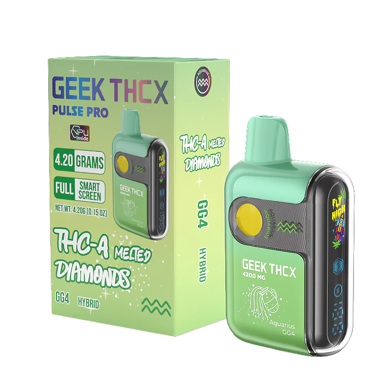 GG4 (Aquarius) Geek THCX Pulse Pro – Hybrid – Balanced Hybrid vape blending earthy and diesel flavors with THCA Melted Diamonds for a smooth experience.