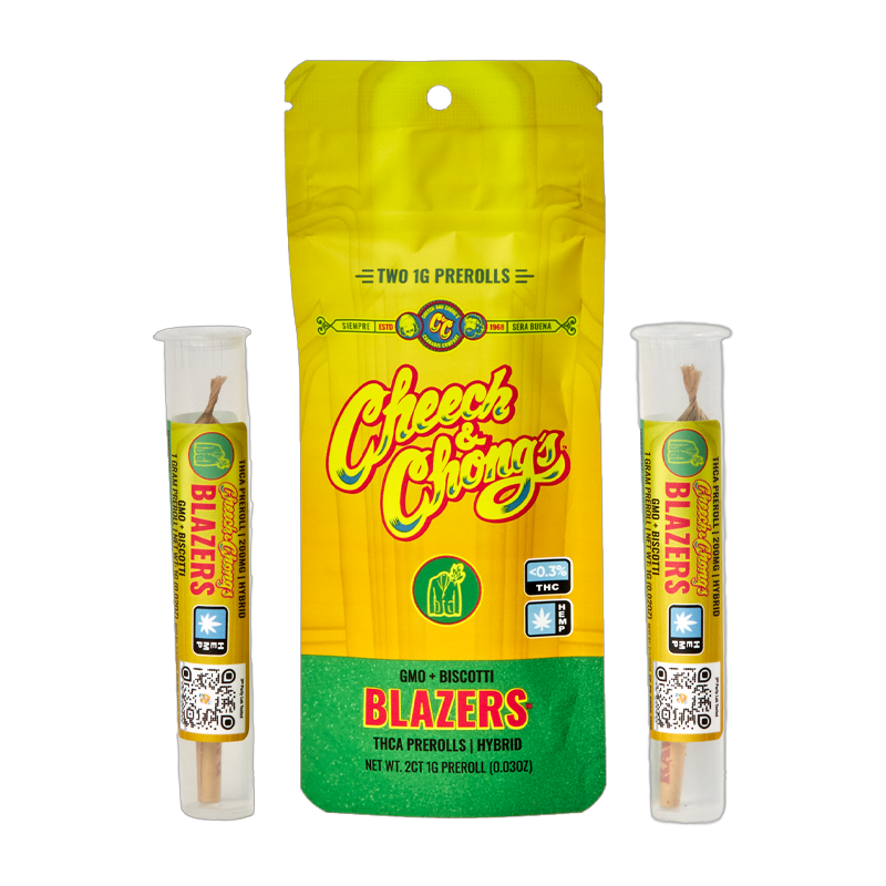 GMO + Biscotti (Hybrid): Cheech & Chong’s Blazers THCA Pre-Roll - GMO + Biscotti hybrid, offering a balanced experience of relaxation and creativity with top-quality THCA hemp flower.