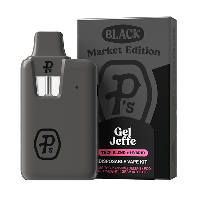 Gel Jeffe (Hybrid, THCP + Delta-8): "Pushin P’s Black Market Edition Disposable Vape Kit – Gel Jeffe hybrid blend with THCP and Delta-8 for a balanced, mellow experience."