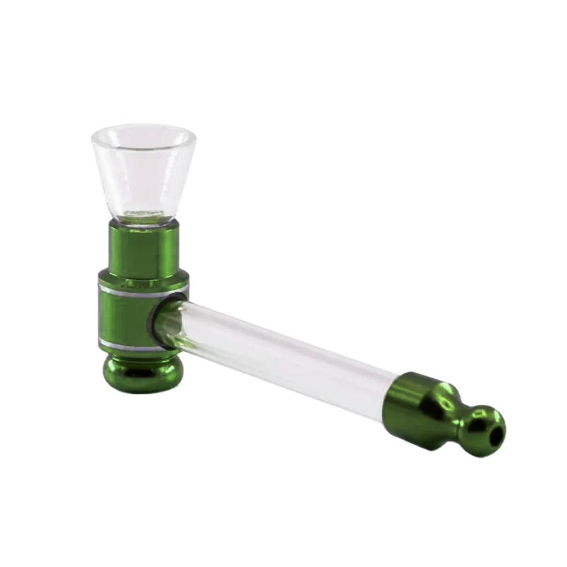 Never Xhale Glass Pipe in red, blue, forest green, and gold. Each pipe features an aluminum base, glass bowl, and silicone rings for an airtight, smooth hit.
