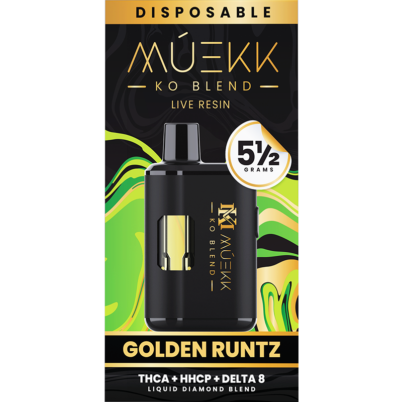 Golden Runtz (Hybrid): A MUEKK KO Blend vape in Golden Runtz strain, offering smooth, flavorful puffs with a potent hybrid mix of cannabinoids.