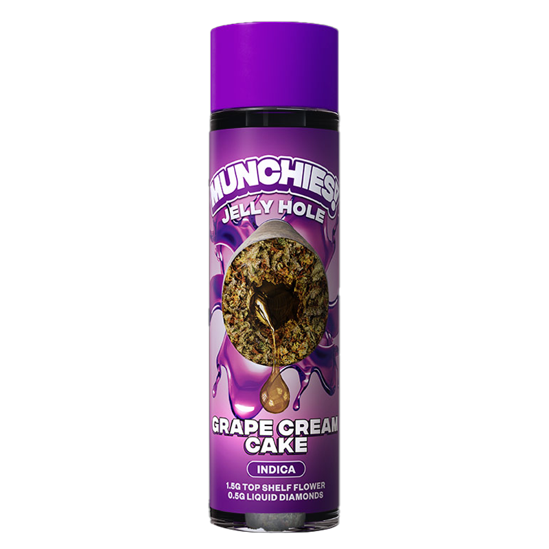 Grape Cream Cake Delta Munchies Jelly Hole – Indica – A rich, dessert-like Indica strain infused with liquid THCA diamonds for a smooth & slow burn.