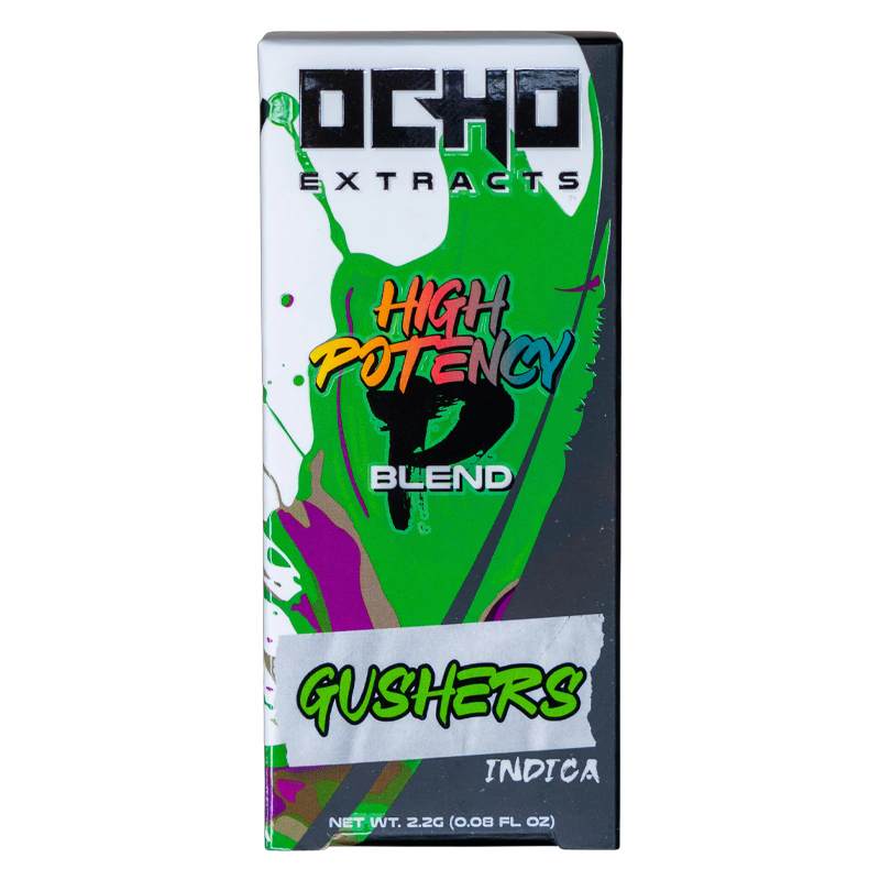 Gushers Ocho Extracts High Potency Disposable – Indica – A rich, candy-like Indica strain delivering potent relaxation with bold, fruity notes.