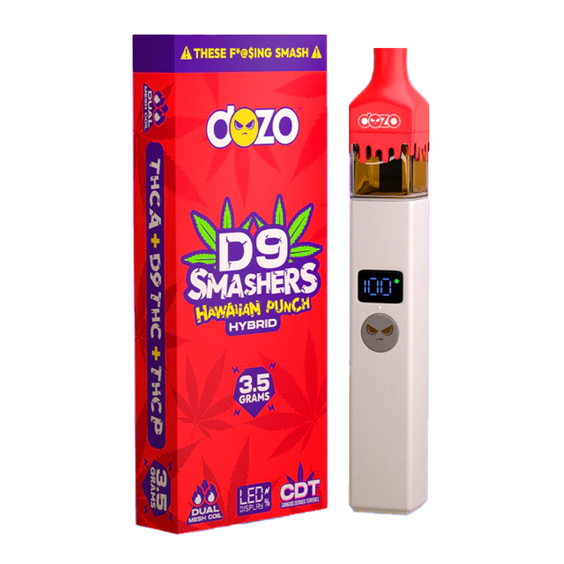 Hawaiian Punch (Hybrid): "Dozo D9 Smashers Disposable – Hawaiian Punch, a hybrid strain that offers a balanced vape with tropical fruit flavor and smooth effects."