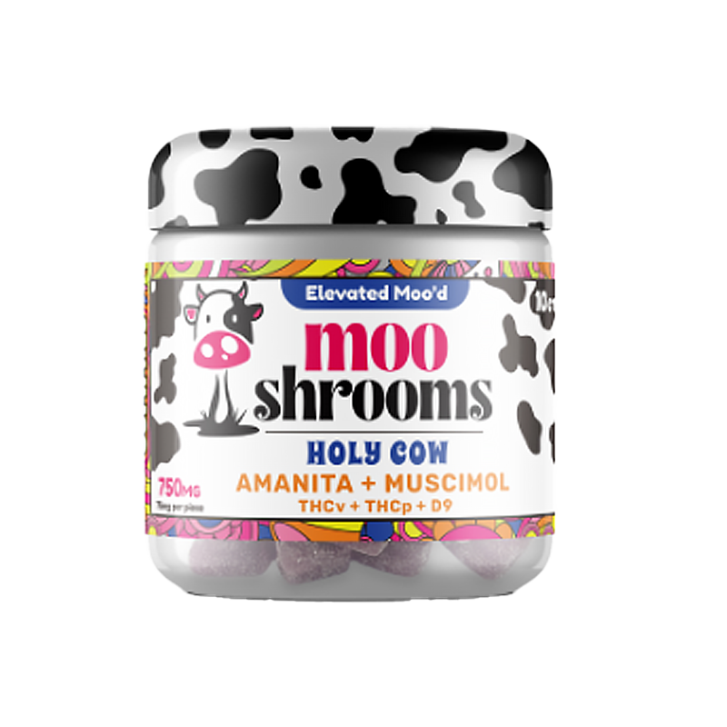 Holy Cow Mooshrooms Gummies – Amanita & Muscimol Blend – A balanced gummy featuring Amanita Muscaria, THCV, THCP & Delta 9 for enhanced creativity & mood elevation.
