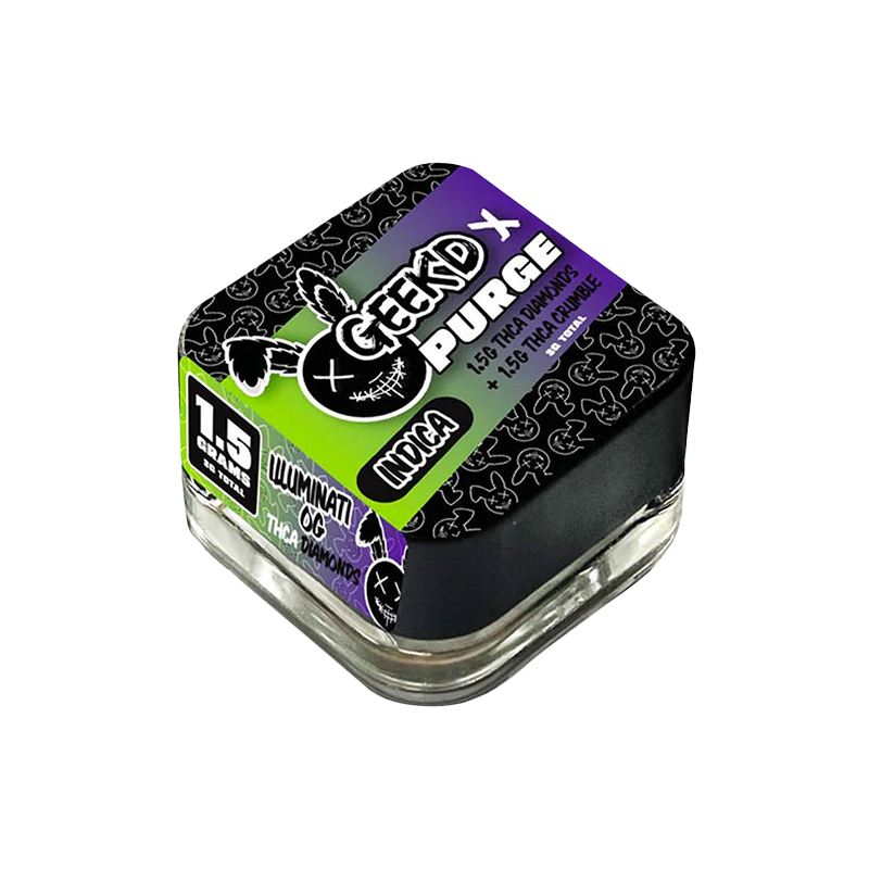 Illuminati OG x Strawberry Cheesecake (Indica): Geek'd x Purge THCA Diamonds + Crumble, Illuminati OG x Strawberry Cheesecake Indica blend, offering a potent, relaxing high with rich, flavorful terpenes.