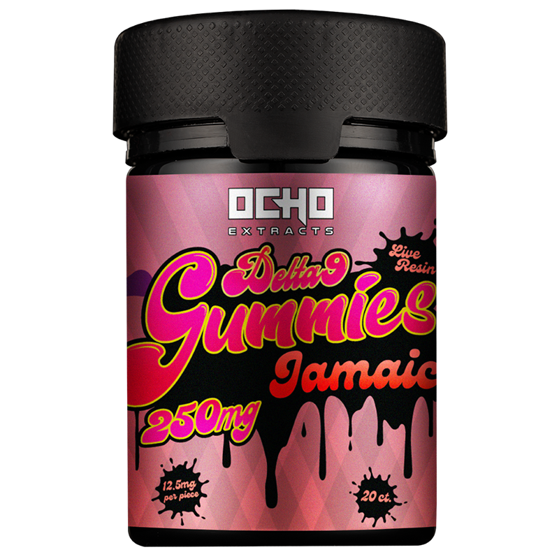 Ocho Extracts Delta-9 Gummies in Jamaica flavor, offering a savory hibiscus taste with tropical fruit undertones for a refreshing, exotic experience.