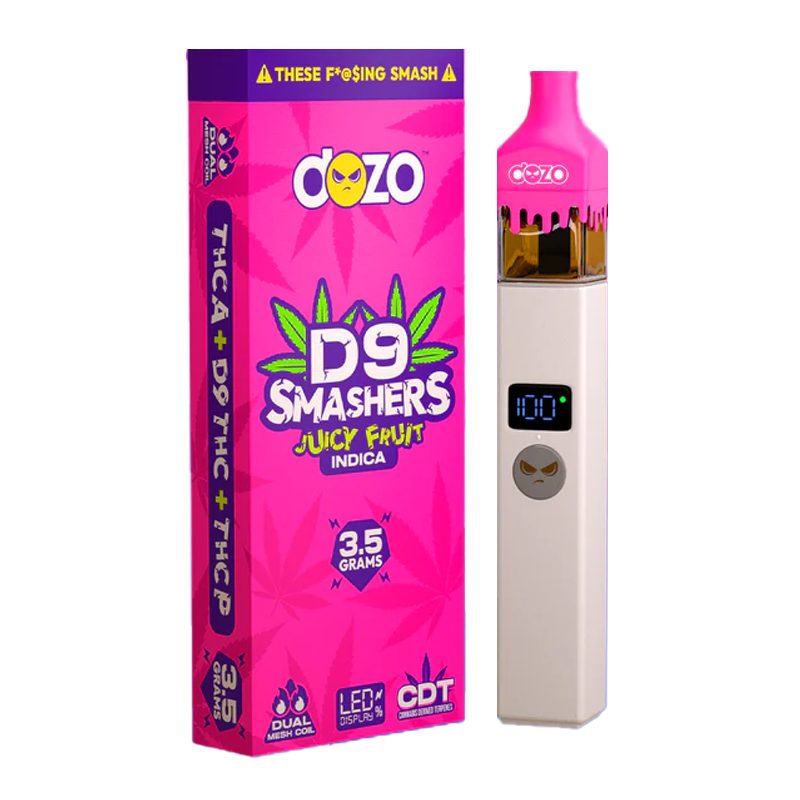 Juicy Fruit (Indica): "Dozo D9 Smashers Disposable – Juicy Fruit, an indica strain with smooth, relaxing effects and a sweet, fruity flavor profile."