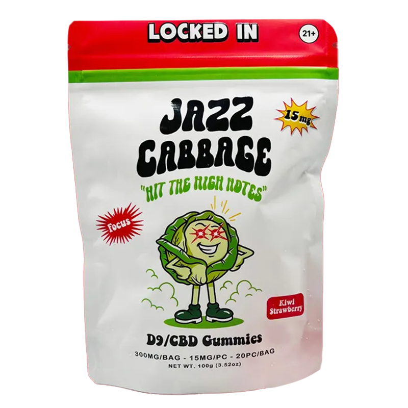 Locked In (Kiwi Strawberry): "Jazz Cabbage Locked In Gummies – Kiwi Strawberry flavor with Delta-9 THC & CBD for a calm, focused experience. 15mg per gummy, 300mg per bag