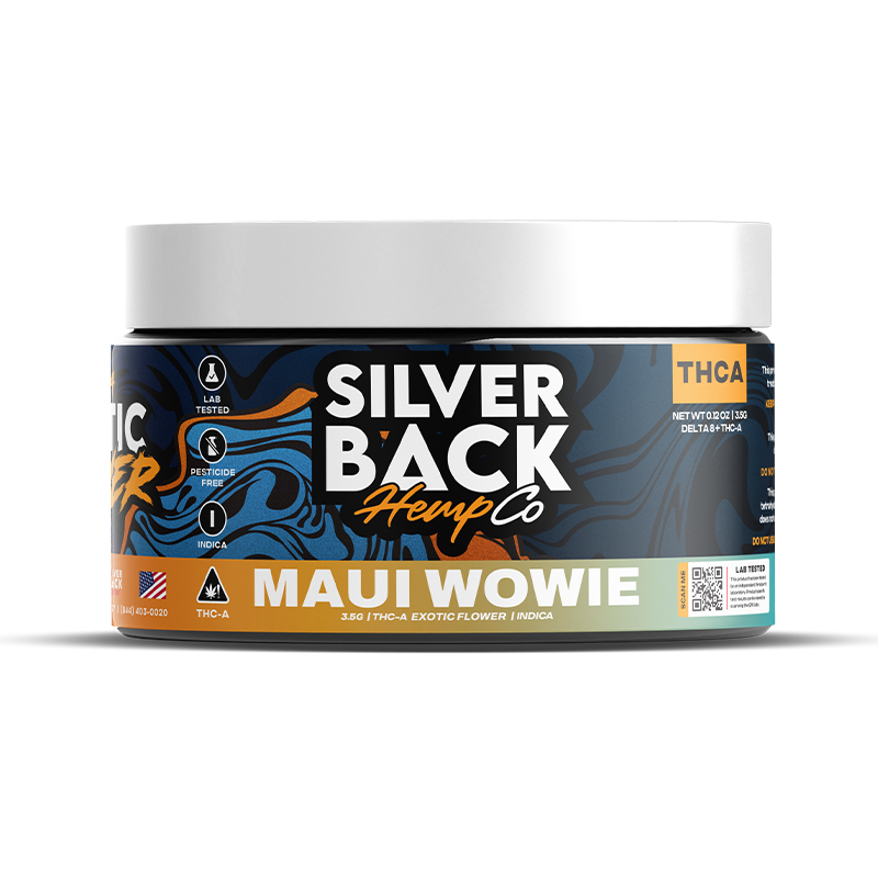 Maui Wowie (Indica): "Silverback Hemp Co Maui Wowie – Indica THCA flower with tropical aromas and deeply relaxing effects. Dense, resin-coated buds for ultimate potency.