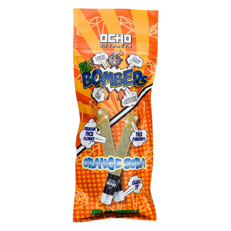 Orange Soda Ocho Extracts 2x2 Big Bombers – Sativa – A citrusy, energizing Sativa pre-roll crafted with premium THCA flower, diamonds, and CBG kief.