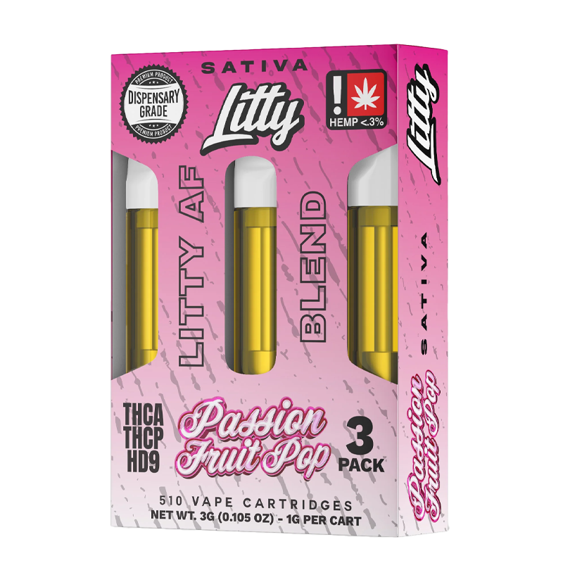 Passion Fruit Pop (Sativa): "Litty AF Blend 1g Cartridge – Passion Fruit Pop, an exotic, tangy passion fruit flavor with a sweet undertone for a tropical escape.