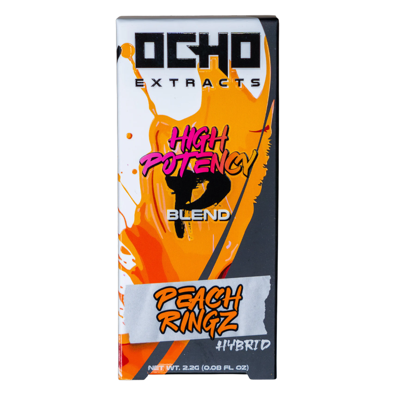 Peach Ringz Ocho Extracts High Potency Disposable – Hybrid – A juicy, peach-flavored Hybrid vape delivering mellow relaxation with a flavorful finish.