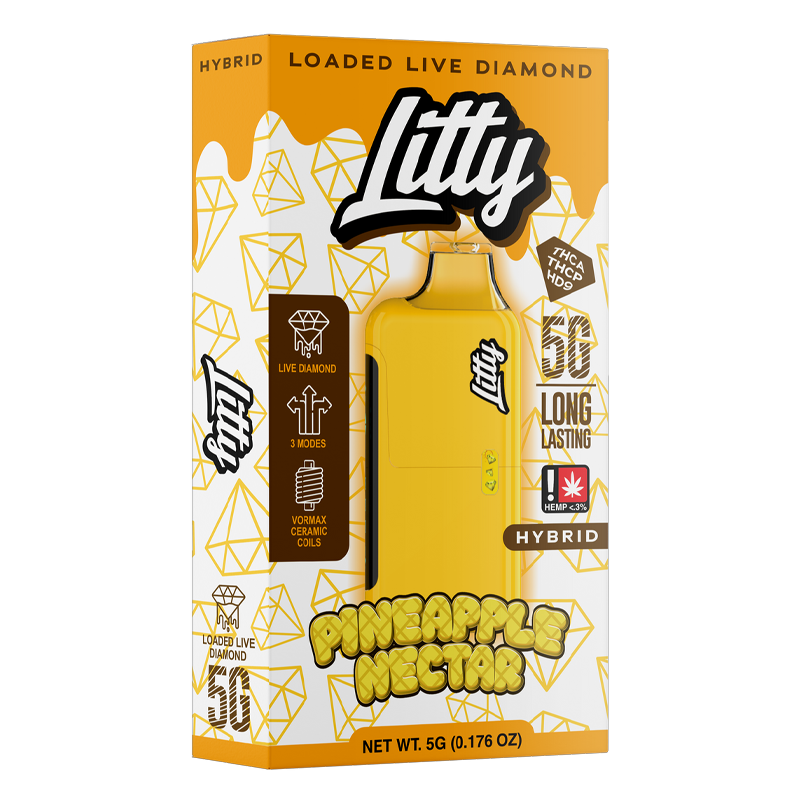Pineapple Nectar (Hybrid): "Litty Loaded Live Diamond Disposable 5g – Pineapple Nectar, a hybrid strain with tropical pineapple notes offering a balanced, mellow high.