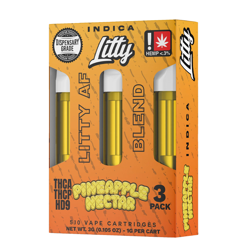 Pineapple Nectar (Indica): "Litty AF Blend 1g Cartridge – Pineapple Nectar, a honey-sweet pineapple flavor for a relaxing, tropical vibe."