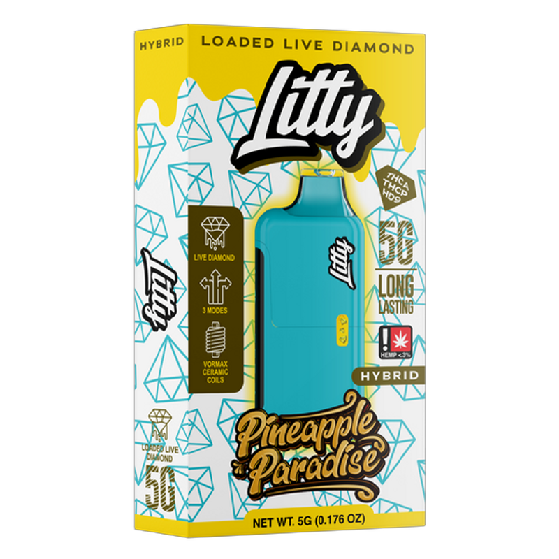 Pineapple Paradise (Hybrid): "Litty Loaded Live Diamond Disposable 5g – Pineapple Paradise, a hybrid with sweet pineapple flavor for a relaxing, yet uplifting experience.