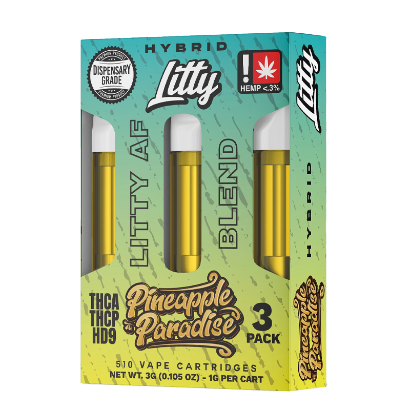 Pineapple Paradise (Hybrid): "Litty AF Blend 1g Cartridge – Pineapple Paradise, a sweet and tangy pineapple flavor that delivers a blissful, uplifting experience."