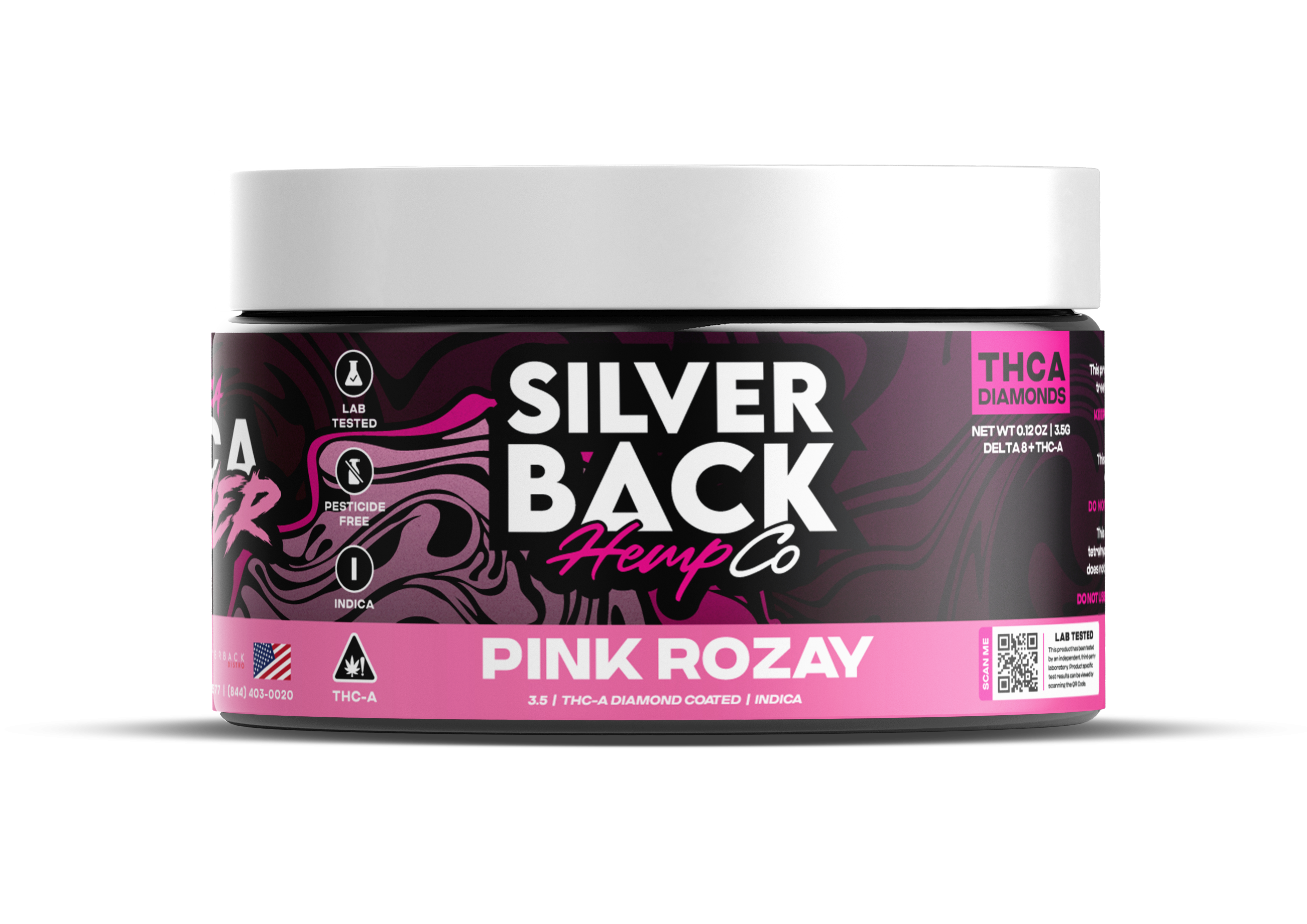 Pink Rozay (Indica): A close-up of Silverback Hemp Co. THC-A Diamond Coated Flower in Pink Rozay, showcasing vibrant, resin-coated buds with floral, relaxing effects.