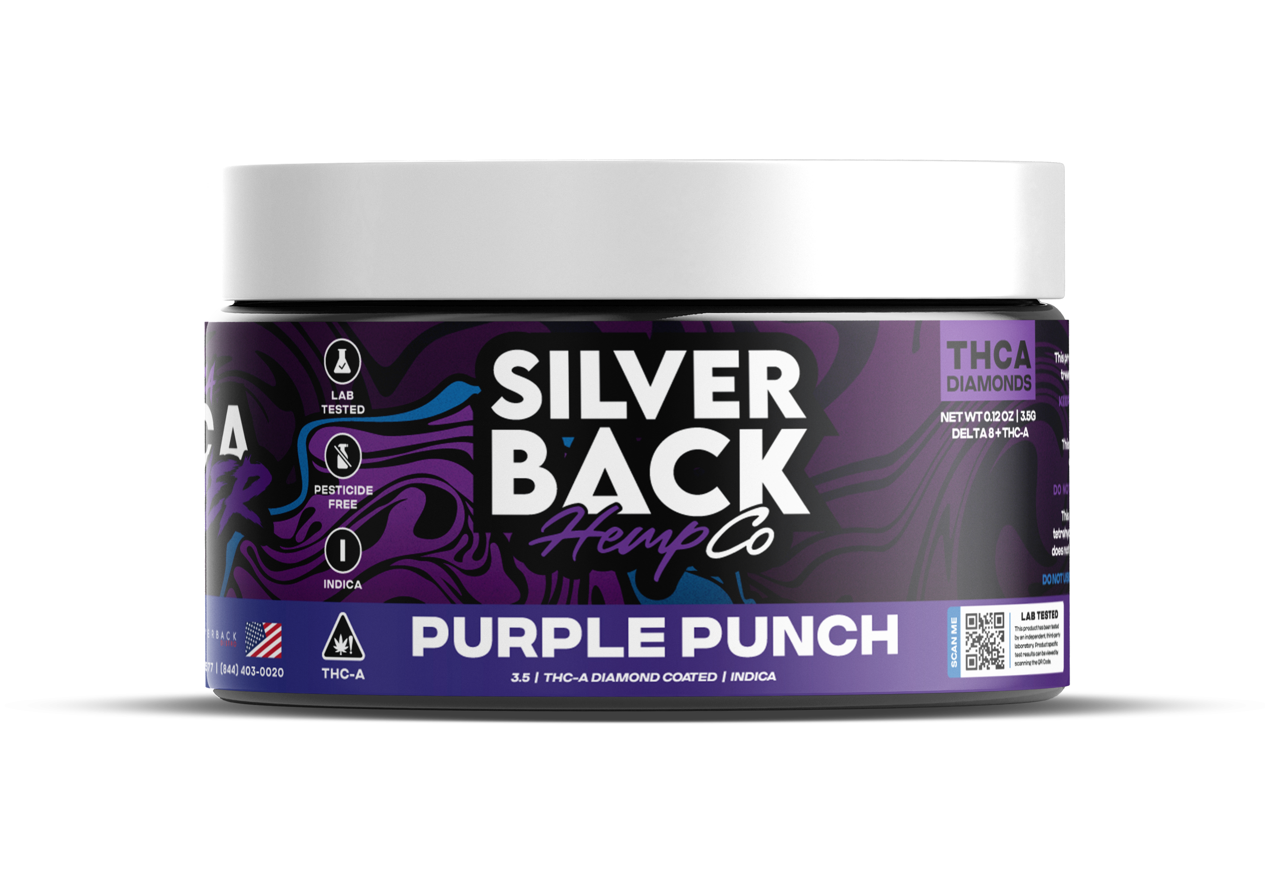 Purple Punch (Indica): A close-up of Silverback Hemp Co. THC-A Diamond Coated Flower in Purple Punch, featuring dense, trichome-covered buds with rich, sweet notes.