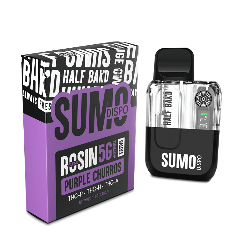 Purple Churros Half Bak’d Sumo Rosin Blend Disposable – Sativa strain with sweet cinnamon flavors, infused with 5g of THCA, THCP & THCH rosin extract.