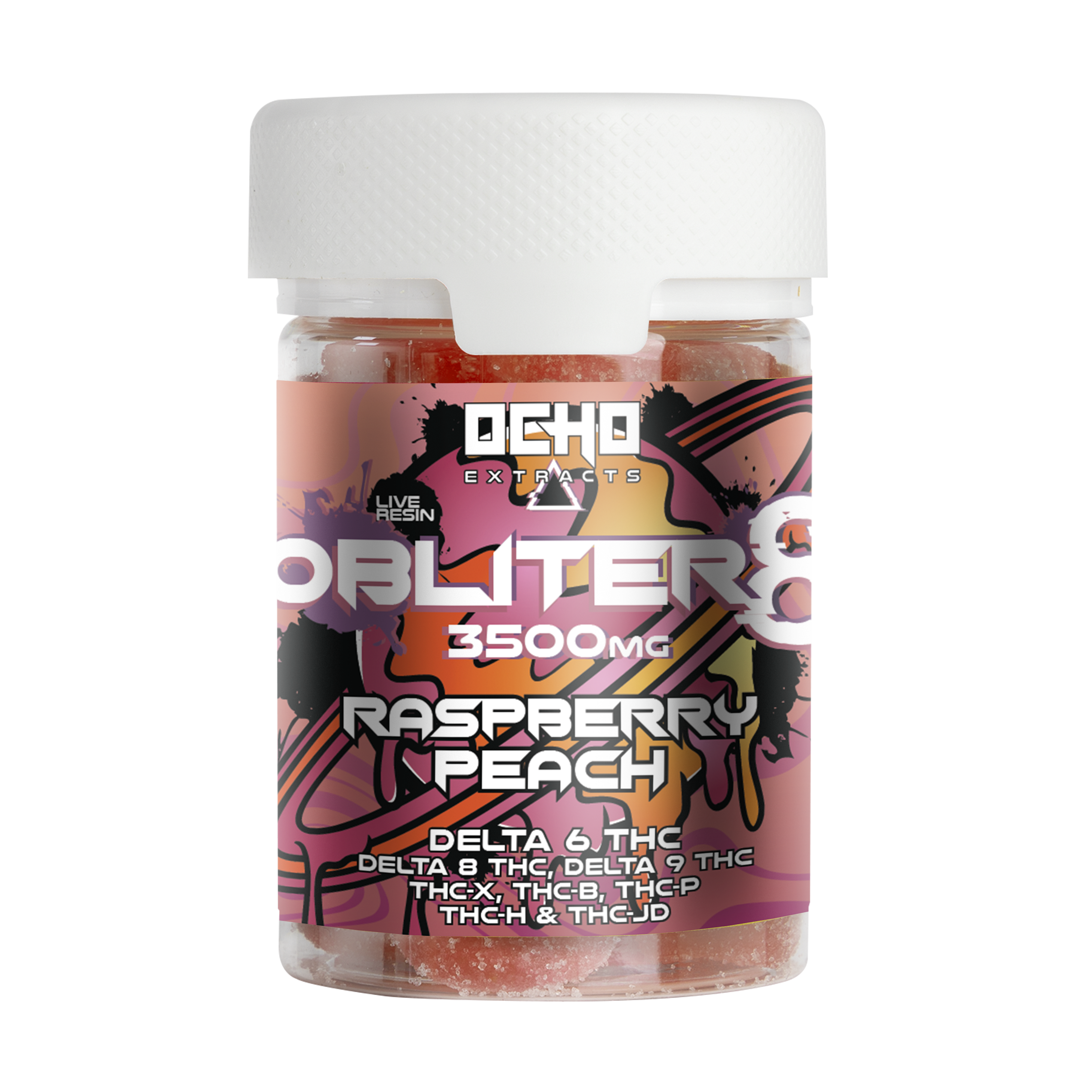 Raspberry Ocho Extracts Obliter8 Gummies – 3500mg – Bold raspberry flavor infused with a carefully crafted blend of THC variants.