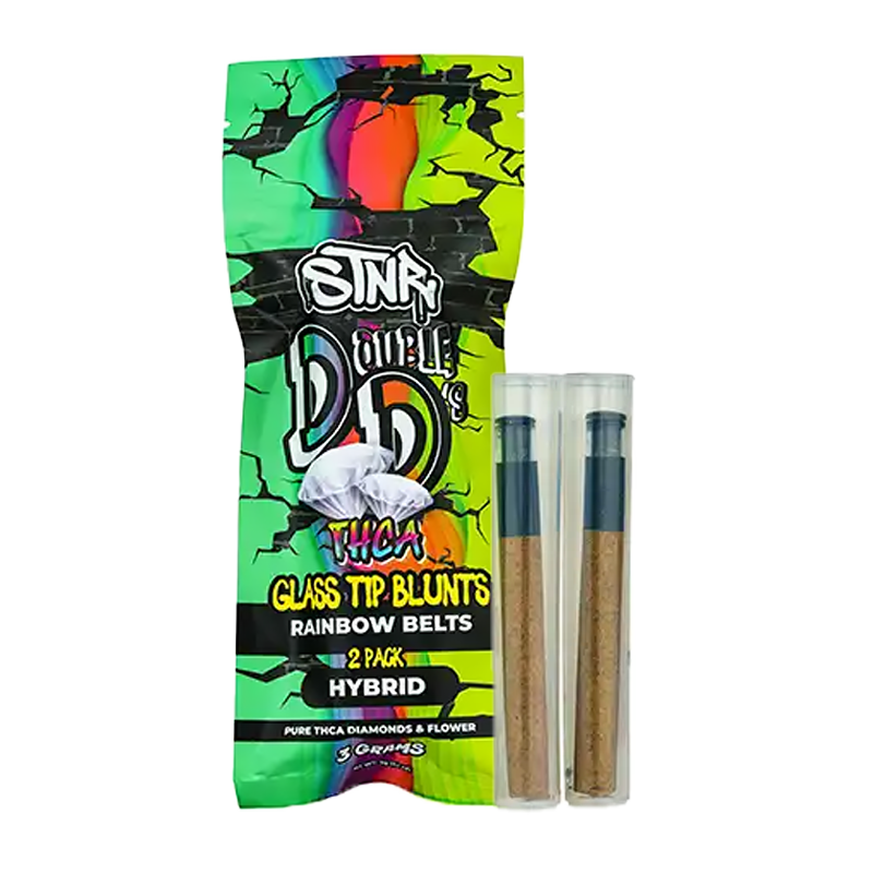 Rainbow Belts Double D’s Glass Tip Blunts – Hybrid – Balanced Hybrid pre-roll combining fruity flavors with THCA & Diamonds for a potent, flavorful smoke.