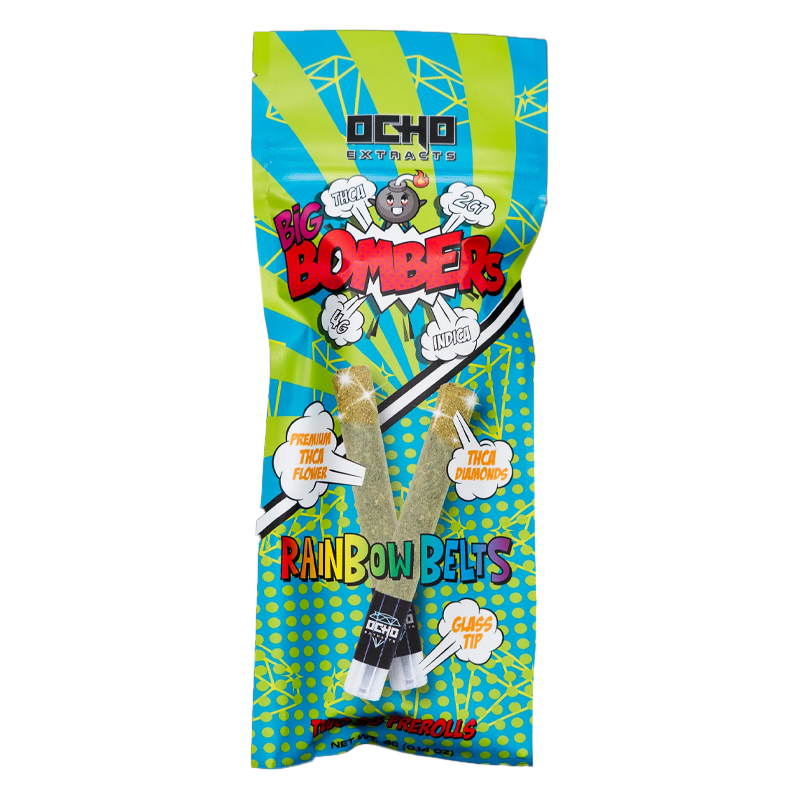 Rainbow Belts Ocho Extracts 2x2 Big Bombers – Indica – A deeply relaxing Indica pre-roll infused with THCA diamonds & CBG kief for an ultra-smooth smoke.