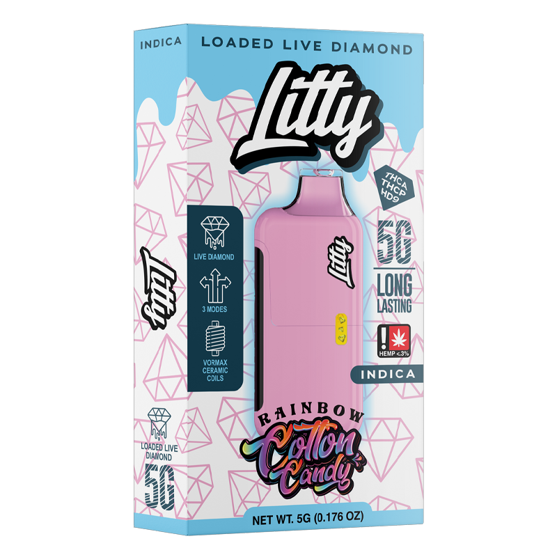 Rainbow Cotton Candy (Indica): "Litty Loaded Live Diamond Disposable 5g – Rainbow Cotton Candy, an indica strain with a nostalgic, sweet flavor that induces relaxation.