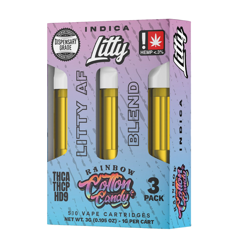 Rainbow Cotton Candy (Indica): "Litty AF Blend 1g Cartridge – Rainbow Cotton Candy, a sugary blend of vanilla, spun sugar, and berries for a nostalgic, sweet hit."