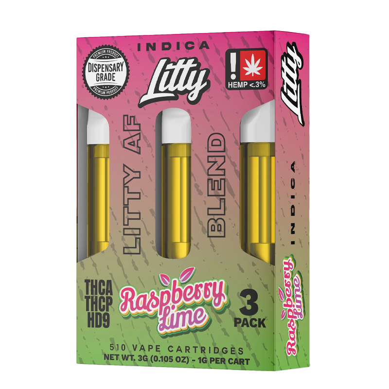 Raspberry Lime (Indica): "Litty AF Blend 1g Cartridge – Raspberry Lime, a bold combination of crisp raspberry and zesty lime for a refreshing, vibrant flavor."
