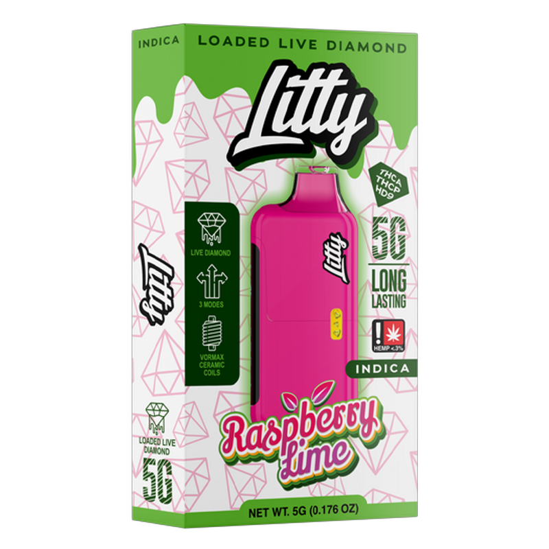 Raspberry Lime (Indica): "Litty Loaded Live Diamond Disposable 5g – Raspberry Lime, an indica strain with tangy berry flavors and a calming, soothing effect