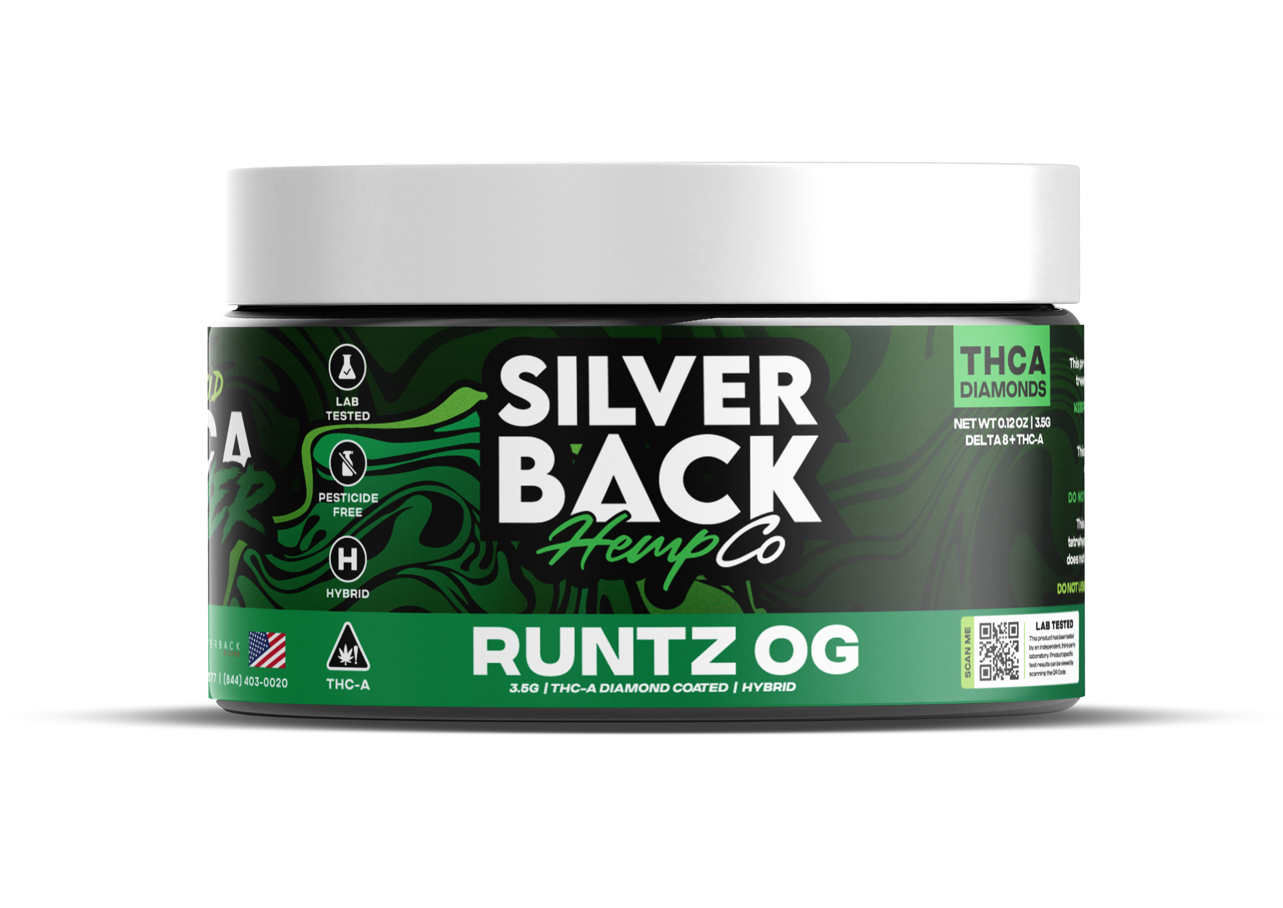 Runtz OG (Hybrid): A close-up of Silverback Hemp Co. THC-A Diamond Coated Flower in Runtz OG, with trichome-heavy buds and a balanced, flavorful hybrid experience.